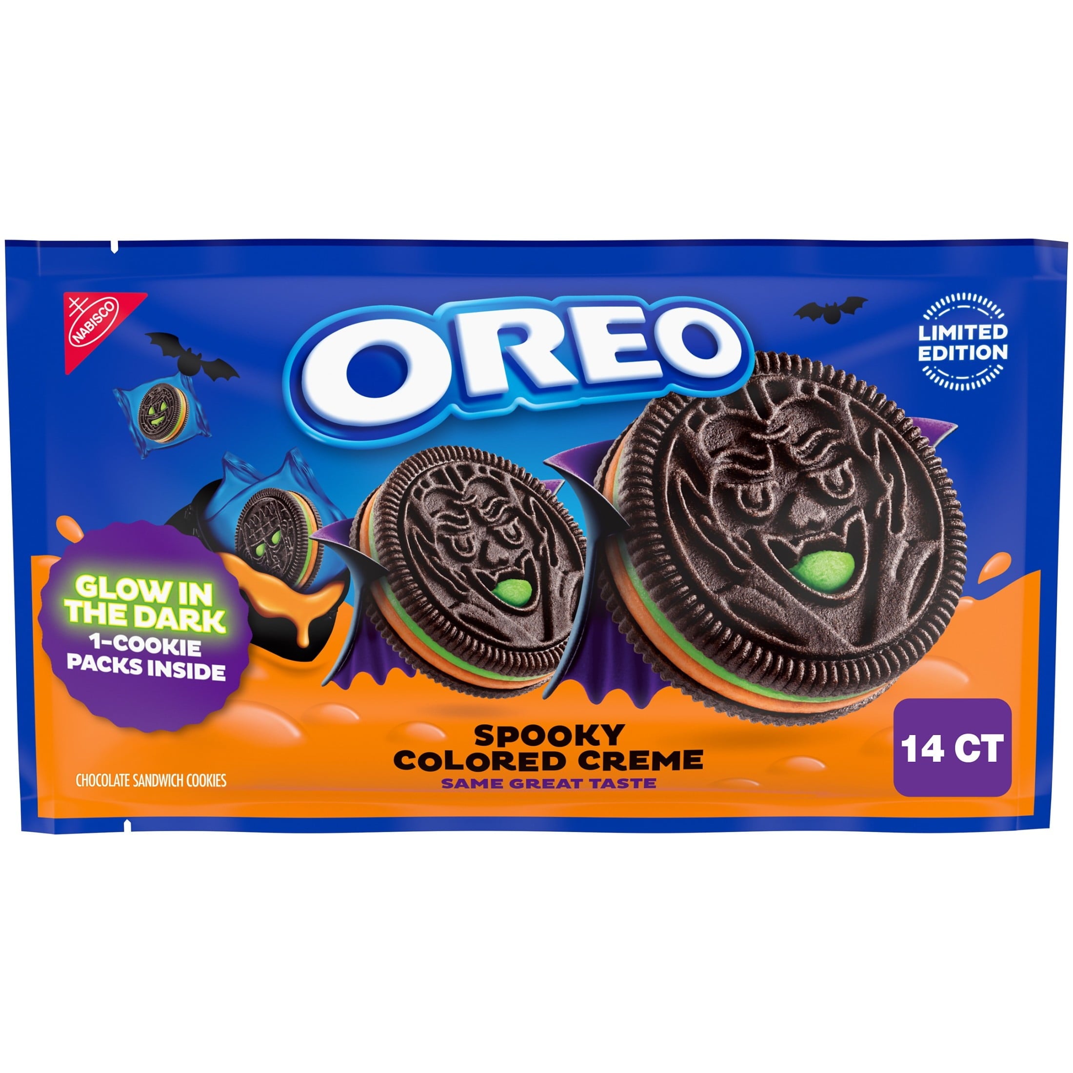 OREO Green and Orange Creme Chocolate Sandwich Cookies, Halloween Cookies, 14 Snack Packs