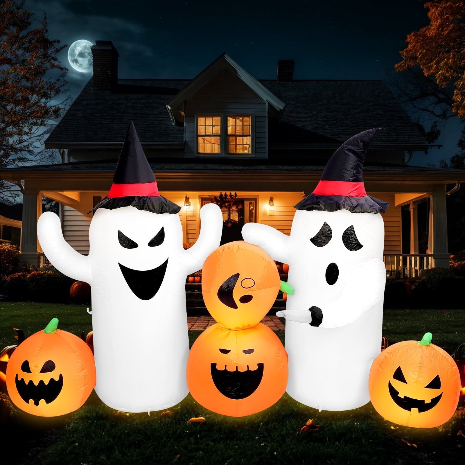 6 FT Halloween Inflatables Stacked Pumpkins Ghost with Build-in LEDs for Porch,Halloween Pumpkin Decor Blow up Yard Decorations