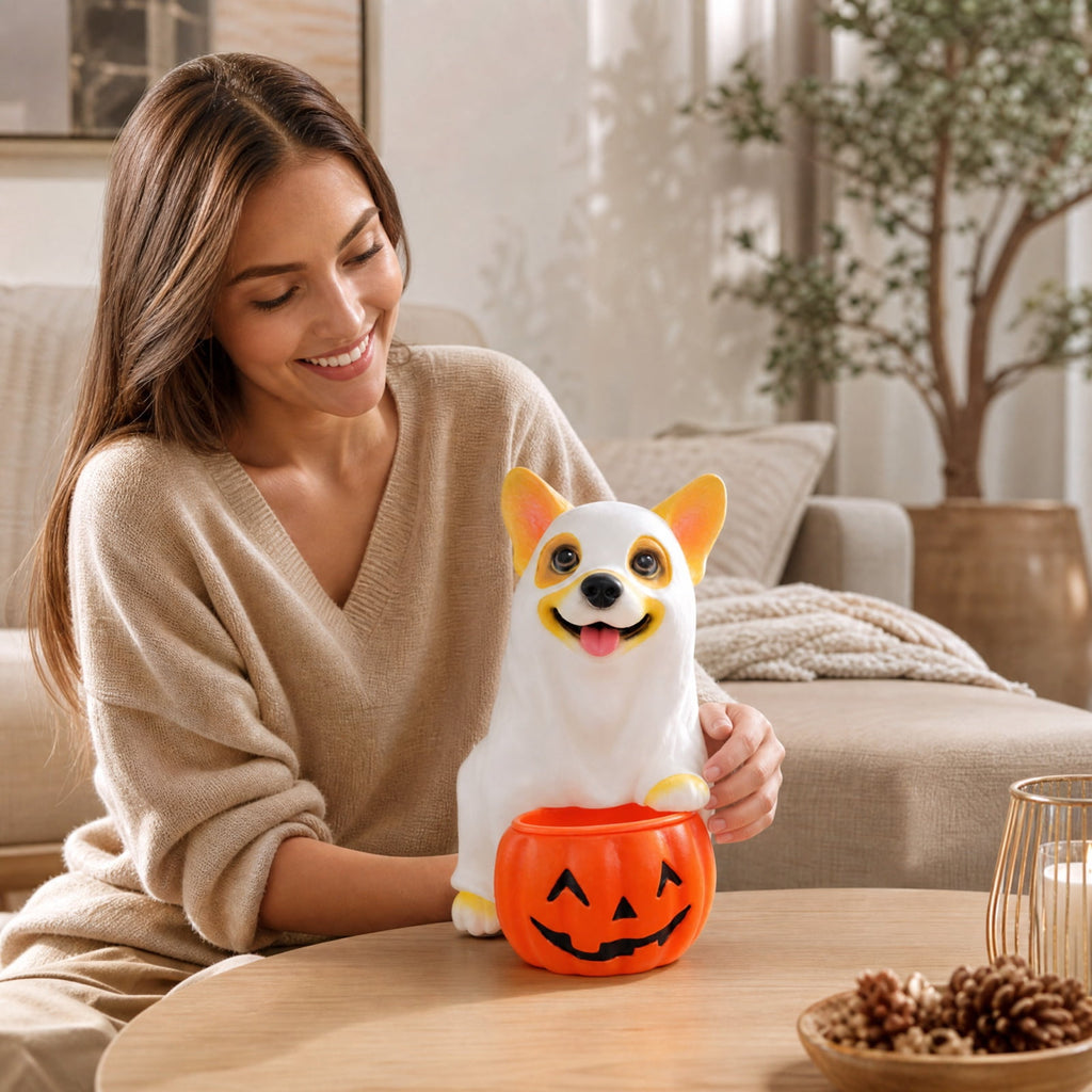 Clearance Halloween Schnauzer Bat Figurine with Ghost Bucket, 8 inch Resin Cute Dog Gifts Tabletop Decor