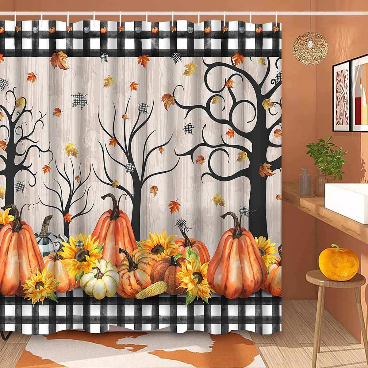 Ikfashoni Fall Shower Curtain with Hooks, Fall Decor for Home, Buffalo Plaid Pumpkin Waterproof Bathroom Curtains, 72"X72"
