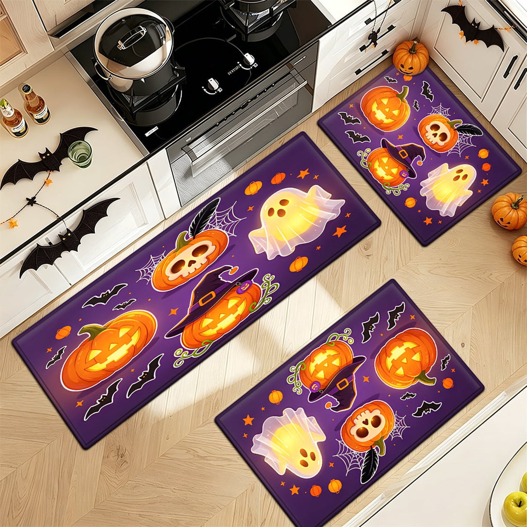 YIMEIS Halloween Neon Pumpkin Lanterns 3Pcs Flannel Mat & Kitchen Rugs Set,Soft Non-slip,16''×24'' 20''×30'' 17''×47'' Inches,for Entryway Bathroom