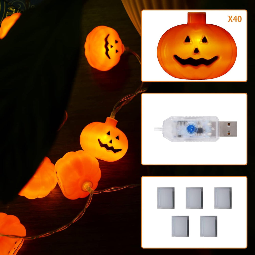 Fohil Halloween Pumpkin String Lights,13.5FT 40LEDs Pumpkin Indoor Lights for Halloween Outdoor Decoration, USB Powered 8 Lights Modes Lights Remote Control