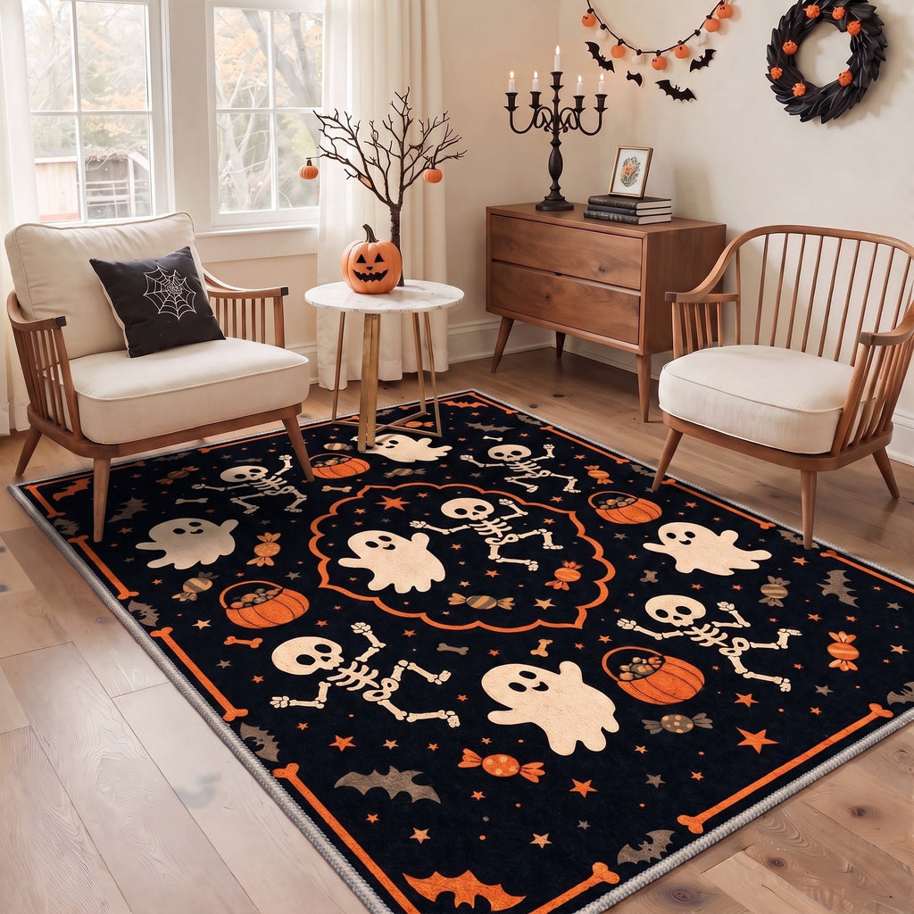 GENIMO 5'x7' Halloween Area Rug for Living Room, Washable Non Slip Soft Vintage Witch Indoor Rug for Bedroom Dining Room Home Office, Retro Sepia