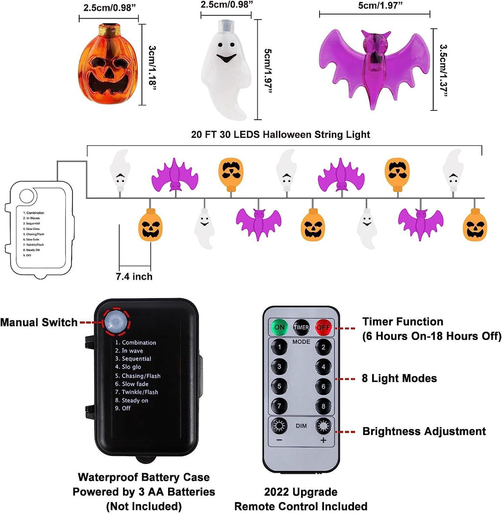 Halloween String Lights Battery Operated 20 Feet 30 LED 3D Pumpkin Bat Ghost Lights with Timer - 8 Light Modes Halloween Decorations Lights for Party Patio Indoor Outdoor (Upgrade)