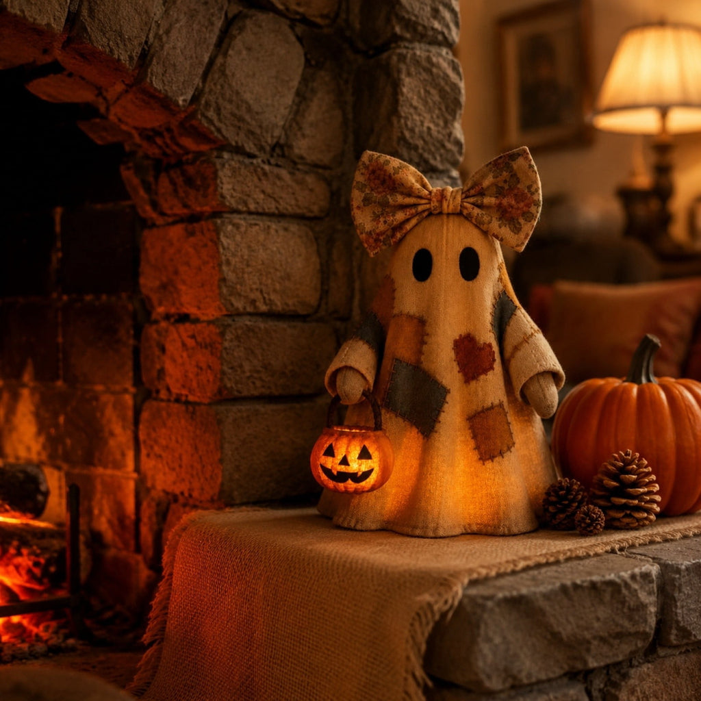 Tumdkd Vintage Patchwork Ghost Decor with LED Pumpkin Light, Soft Fabric Halloween Ornament for Mantel Shelf Tabletop, Cozy Family-Friendly Holiday Accent