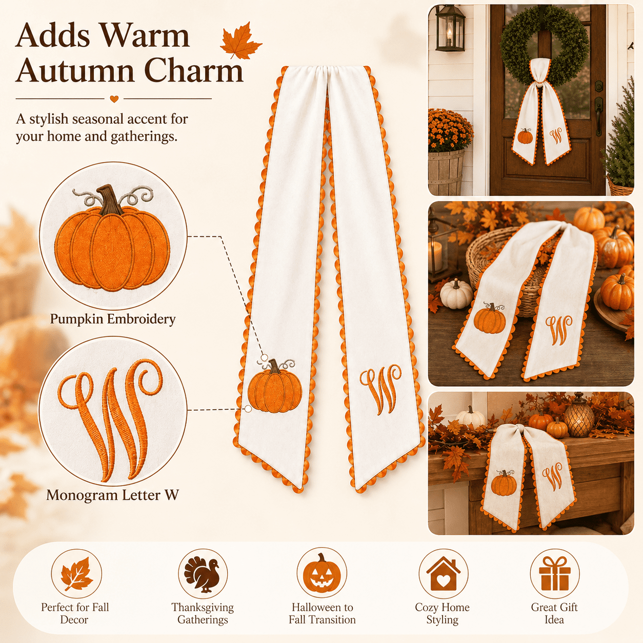 Pumpkin Embroidered Wreath Sash, 50 x 5 inch Orange Scalloped Lettered Ribbon for Halloween, Thanksgiving, Front Door, Seasonal Garland and Fall Home Decor, W