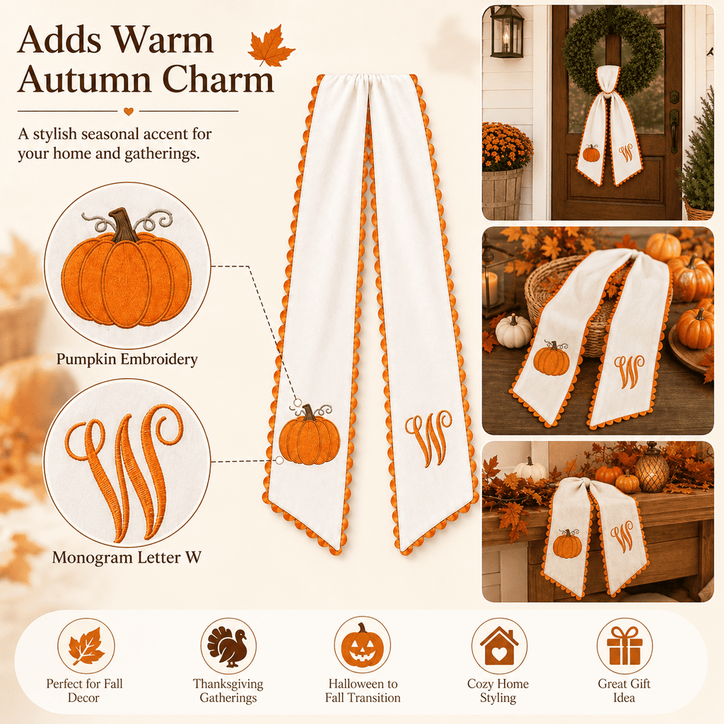 Pumpkin Embroidered Wreath Sash, 50 x 5 inch Orange Scalloped Lettered Ribbon for Halloween, Thanksgiving, Front Door, Seasonal Garland and Fall Home Decor, I