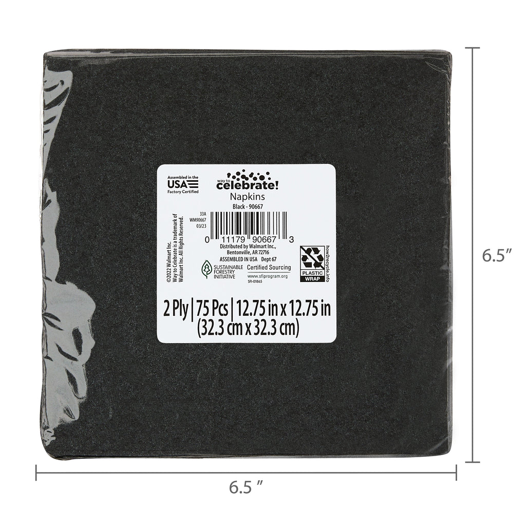 75 Count 6.5IN x 6.5IN Black Disposable Paper Napkins by Way To Celebrate