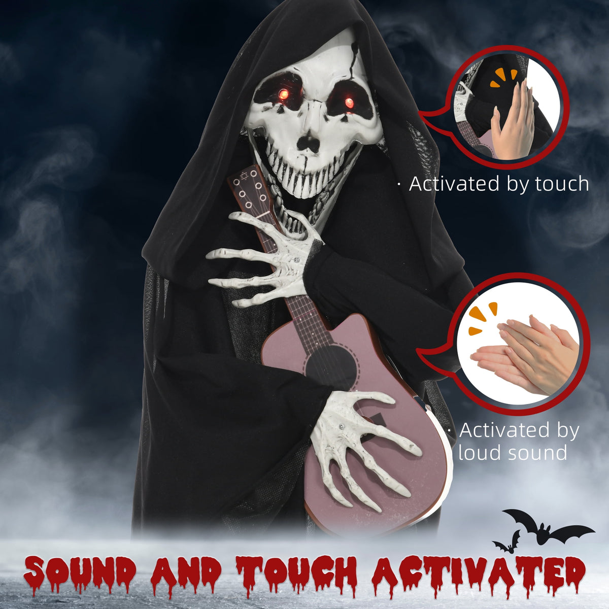 Outsunny 74" Life Size Outdoor Halloween Decorations Skeleton Witch, Animated Prop Animatronic Decor with Sound and Motion Activated, Light Up Eyes and Chest, Howling and Chain Sound