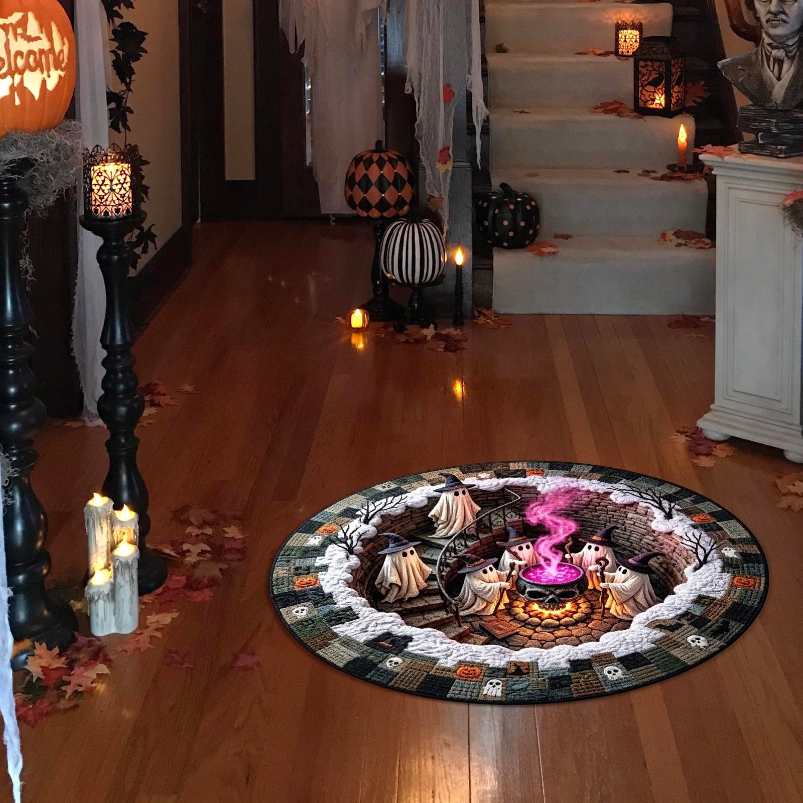 Halloween Round Rug Optical Ghost Pumpkin Mat 15.75in Diameter Polyester Skidproof & Soft for Entryway Bedroom Party by MPOISVA