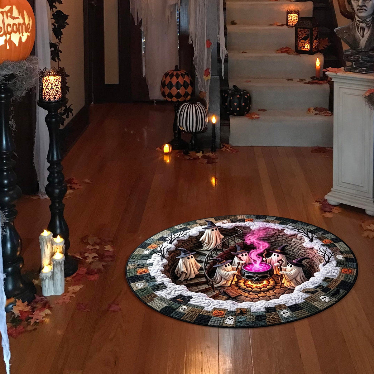 Halloween Round Rug 50cm Optical Illusion, Spooky Ghost Pumpkin Skull Mat, Non-Slip Entryway Bedroom Doormat for Home Party Floor Decor