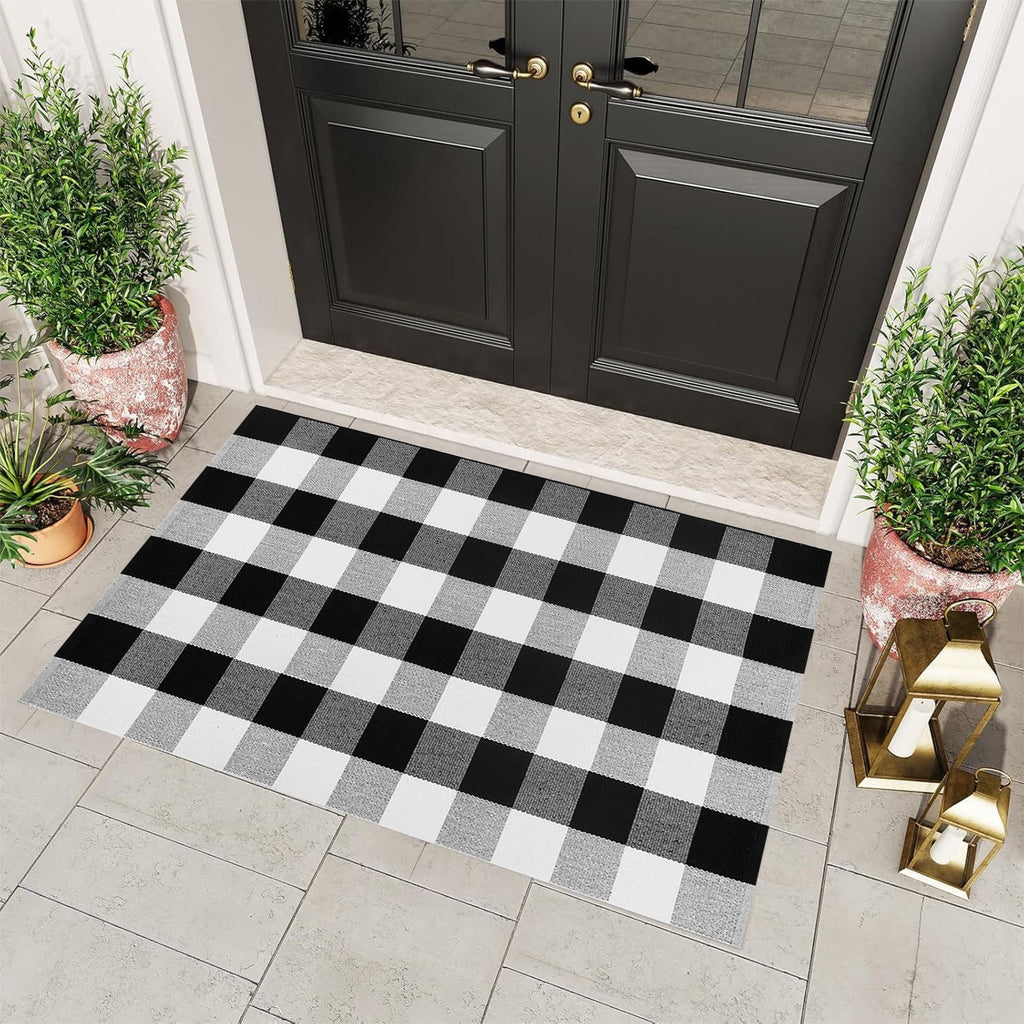 Fall Plaid Mat, 16*24" Autumn Front Door Decor Mat, Cotton Washable Hand-Woven Door Mat for Layered Doormat, Autumn Halloween Thanksgiving Carpet for Porch, Entryway