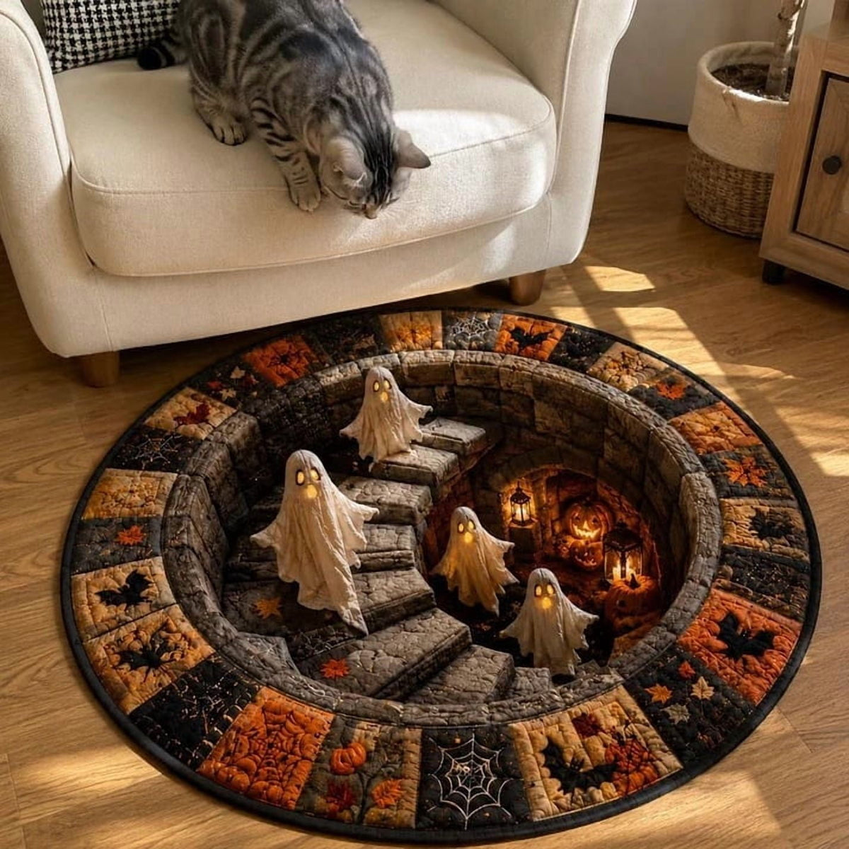 Halloween Round Rug Optical Ghost Pumpkin Mat 15.75in Diameter Polyester Skidproof & Soft for Entryway Bedroom Party by MPOISVA