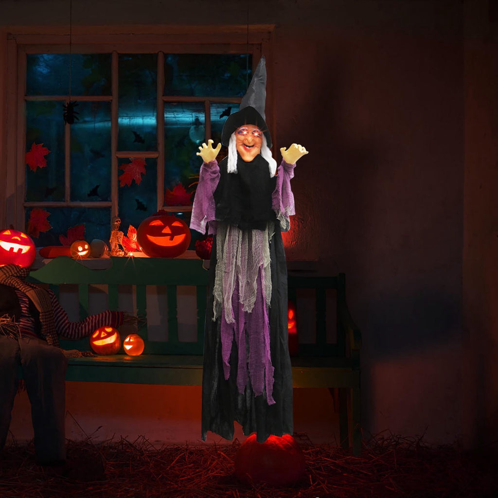 DAMAI 5.9 FT Hanging Witch Halloween Decorations Outdoor,Hanging Witch Halloween Decor,Giant Animated Standing Talking Witch with Red Eyes,Flying Witch Standing Decor for Haunted House Props