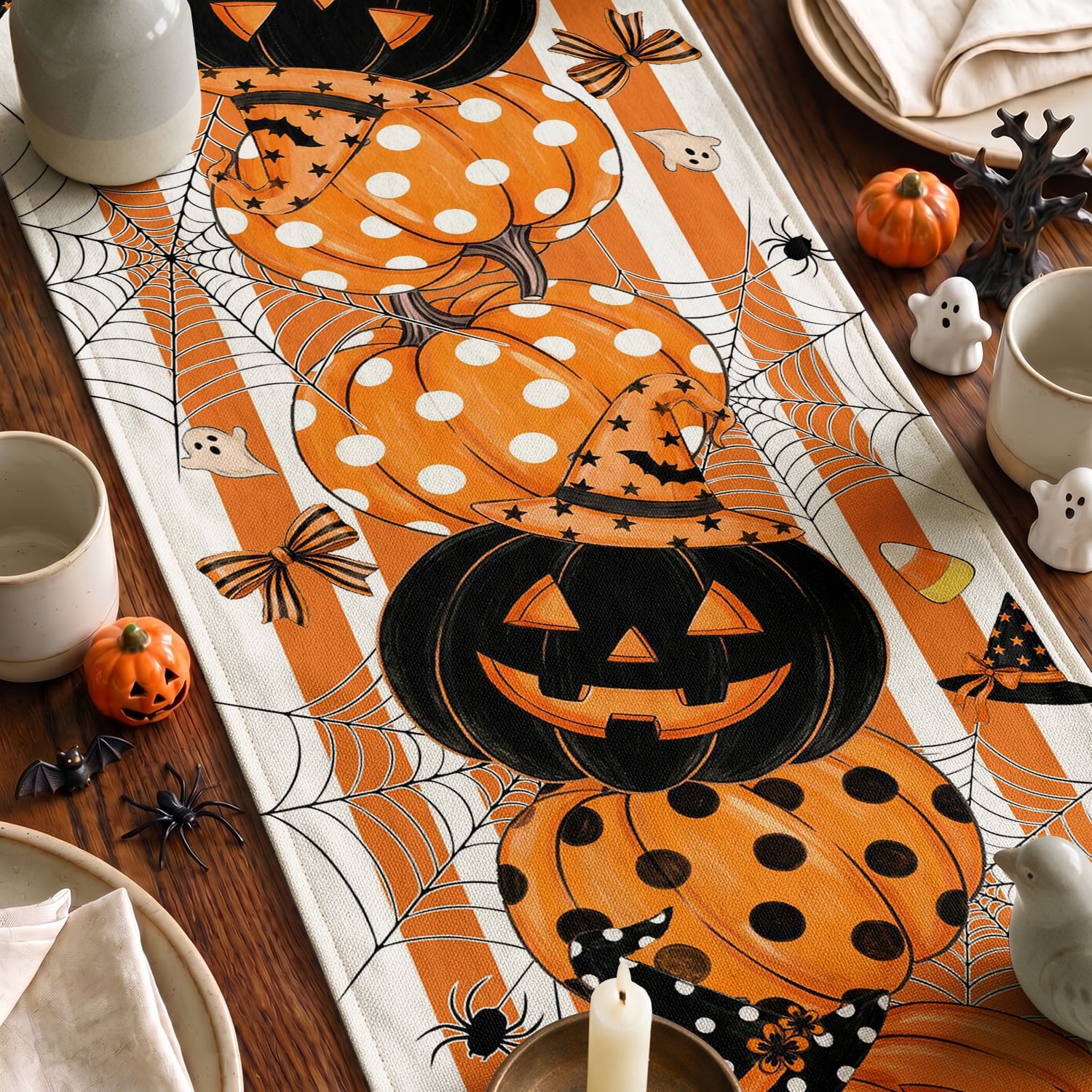 Sm:)e Halloween Table Runner Ghost Pumpkin 13x72 Inch, Halloween Party Kitchen Dining Indoor Outdoor Decorations,Orange