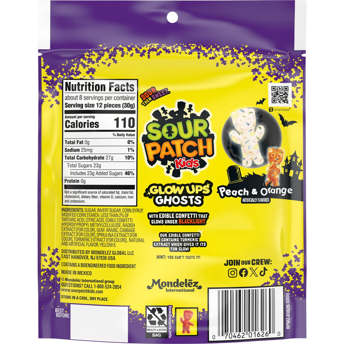 SOUR PATCH KIDS Glow Ups Ghosts Soft & Chewy Gummy Halloween Candy, 8.37 oz