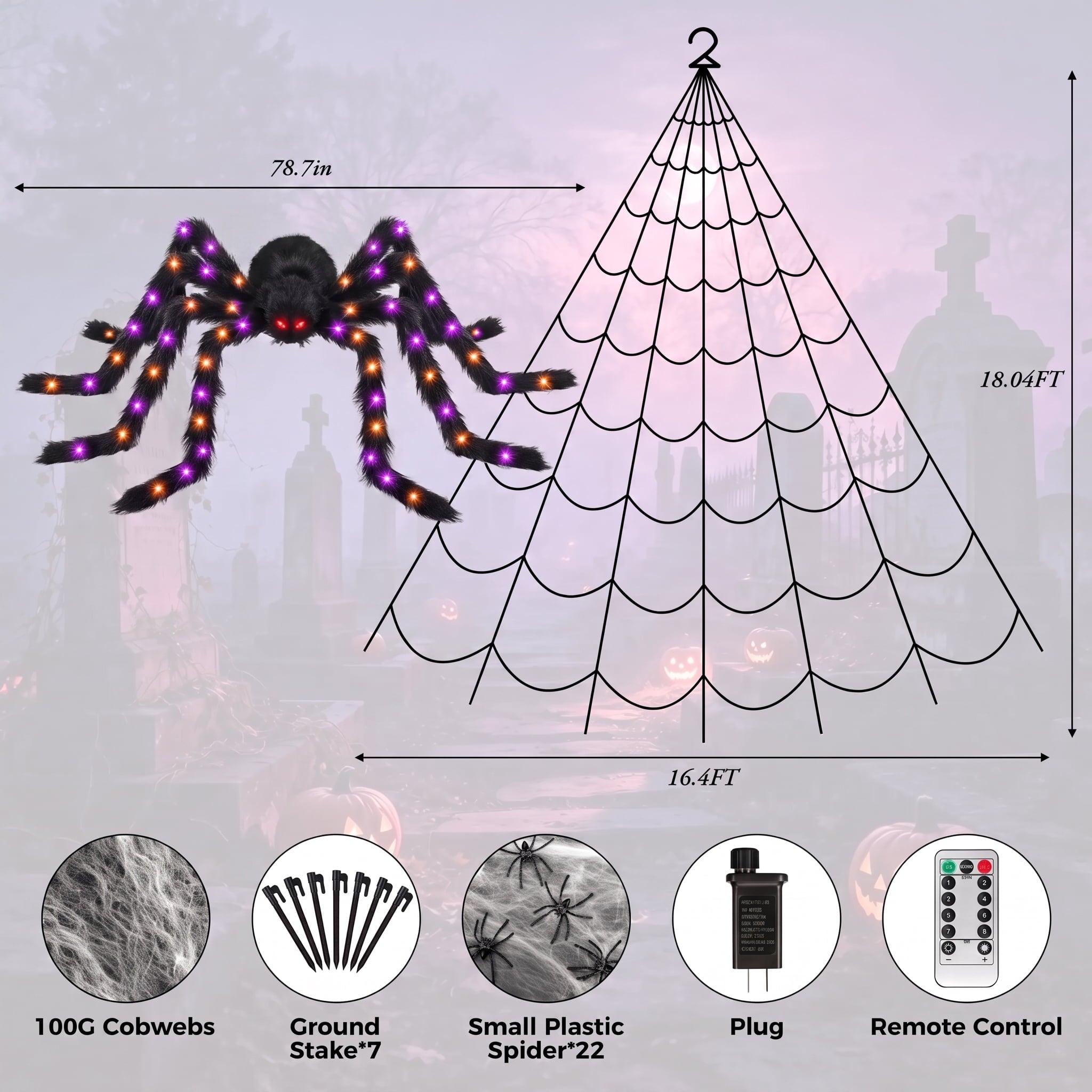 Leyaron Halloween Decorations Outdoor, 350 LED Halloween Spider Web String Lights with 79" Lighted Spider for Outdoor Garden Party Yard Porch Home Decor