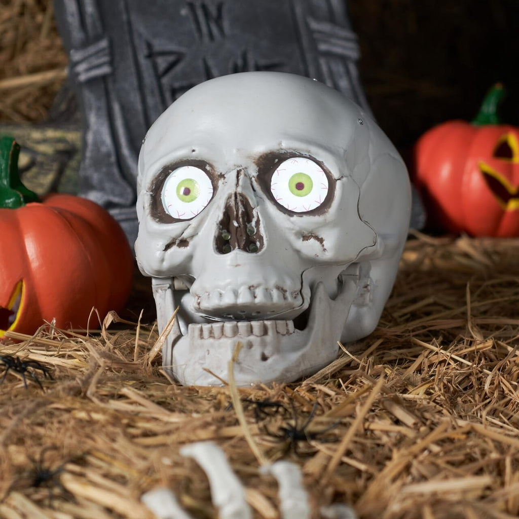 Joyfy Sound Activated Animated Skull Halloween Indoor Decor,LED Light Up Moving Eyeballs Skull Tabletop Ornament,Scary Haunted House Party Desktop Home Decoration Supplies