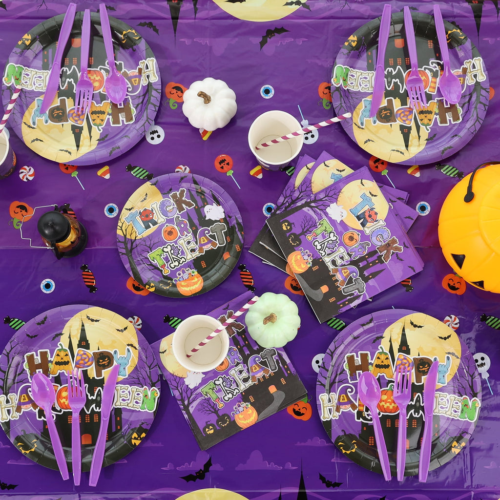 YIBAGA Halloween Party Supplies 194 PCs Serve 24, Ghost Pumpkin Witch Paper Plates Napkins Cups Tablecloth Banner Party Decor