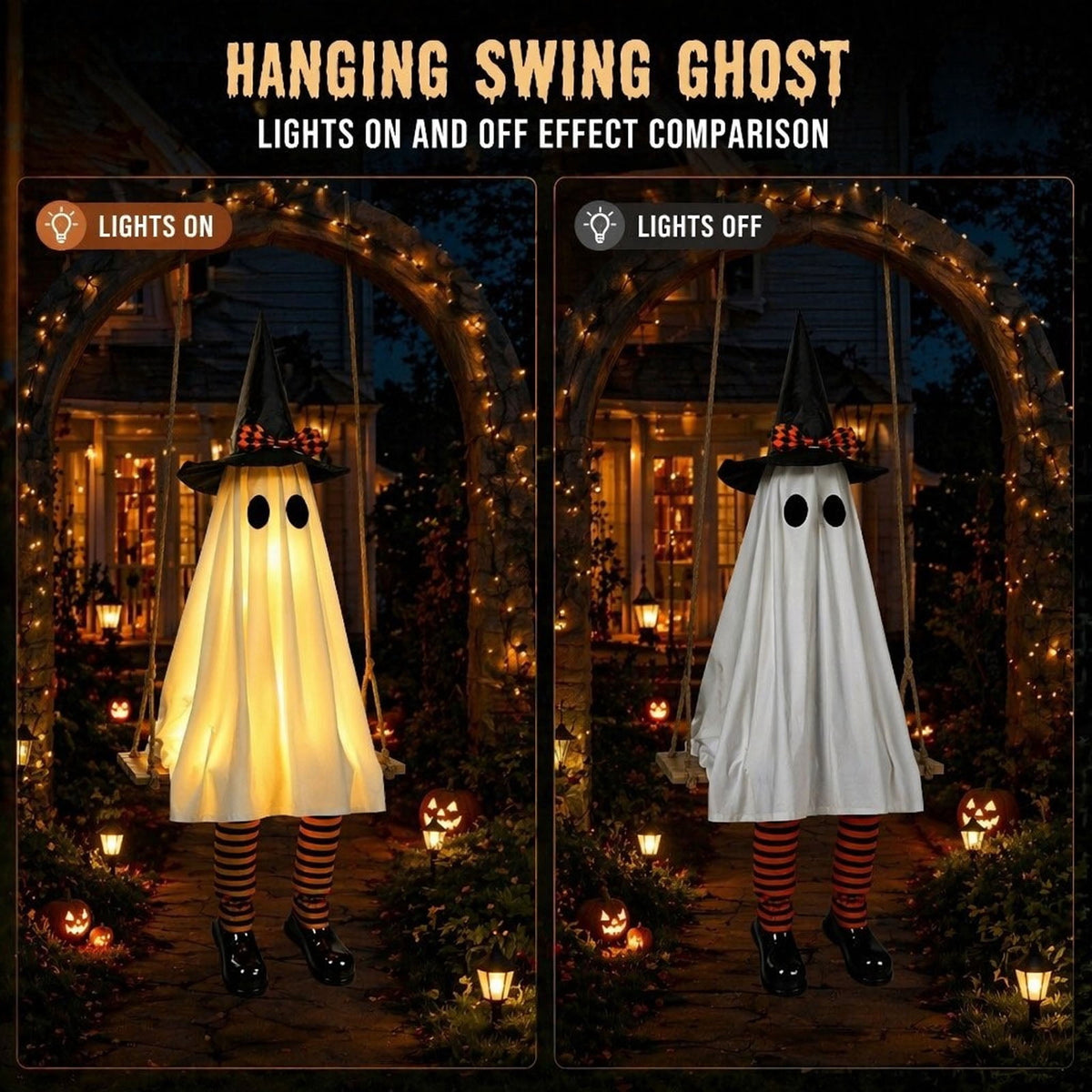 Clearance 5 FT Hanging Ghost Decor,Early Halloween Decorations Light-Up Flying Ghost on Broomstick with Witch Hat, Witch Broom, Spooky Cute Outdoor Halloween Decorations for Front Porch Yard Tree