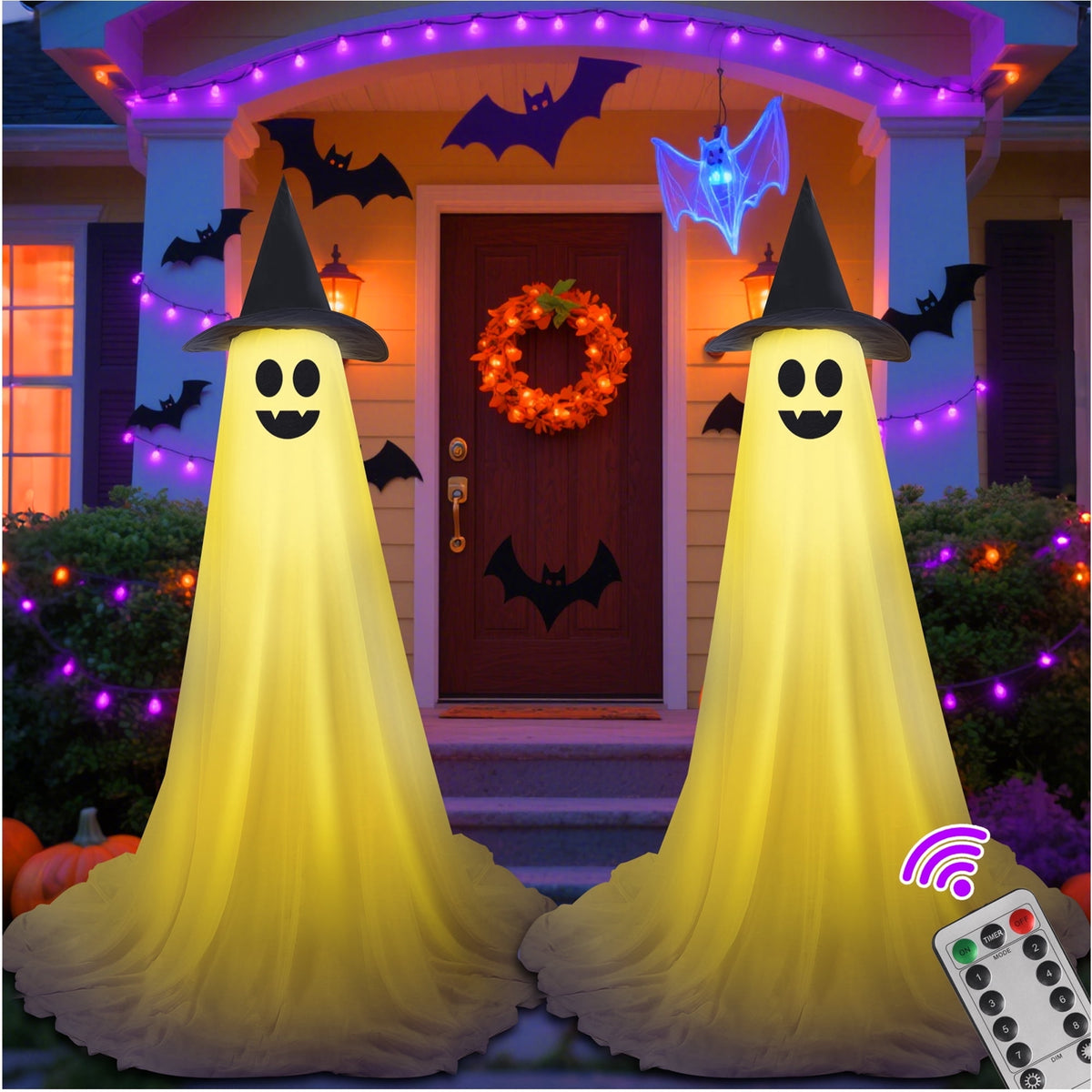 2Pcs Halloween Decorations Outdoor Ghost, DIY Ghost Kit Decor with Witch Hat Remote Control String Lights Halloween Decorations Indoor Halloween Ghost Lights for Porches Yards Gardens Lawn