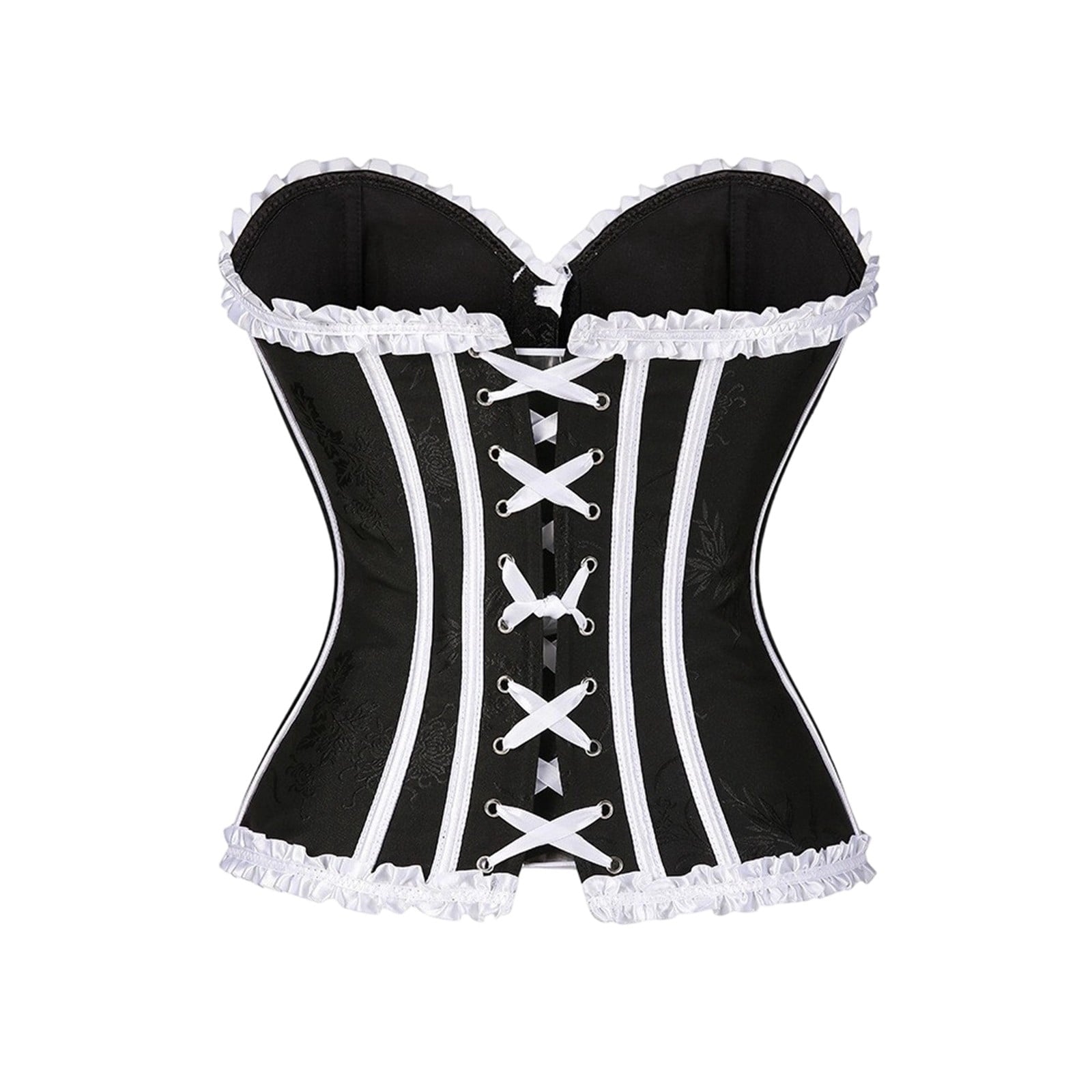 JOANKDMI Women's Chic Gothic Steampunk Corset Top with Ribbon Tie and Ruffle Trim Elegant Bustier for Pirate Roleplay and Vampire Halloween Dress Up Outfit