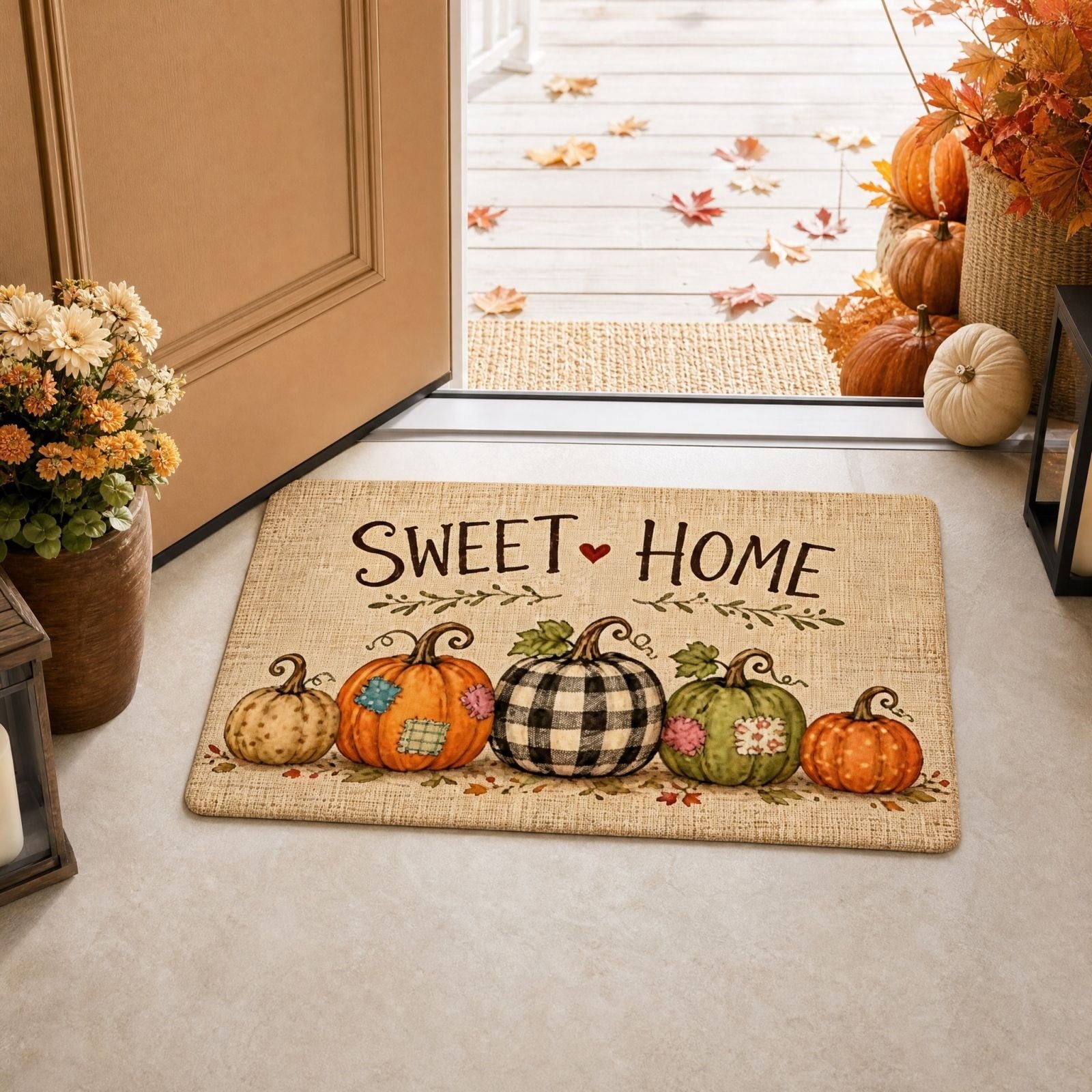 syligr Halloween Thanksgiving Doormat with Maple Leaf & Pumpkin Patterns - Non-Slip Floor Mat for Entryway, Kitchen, Porch, Fall Harvest Decor Rug with Anti-Fatigue Backing, Gift for Thanksgiving