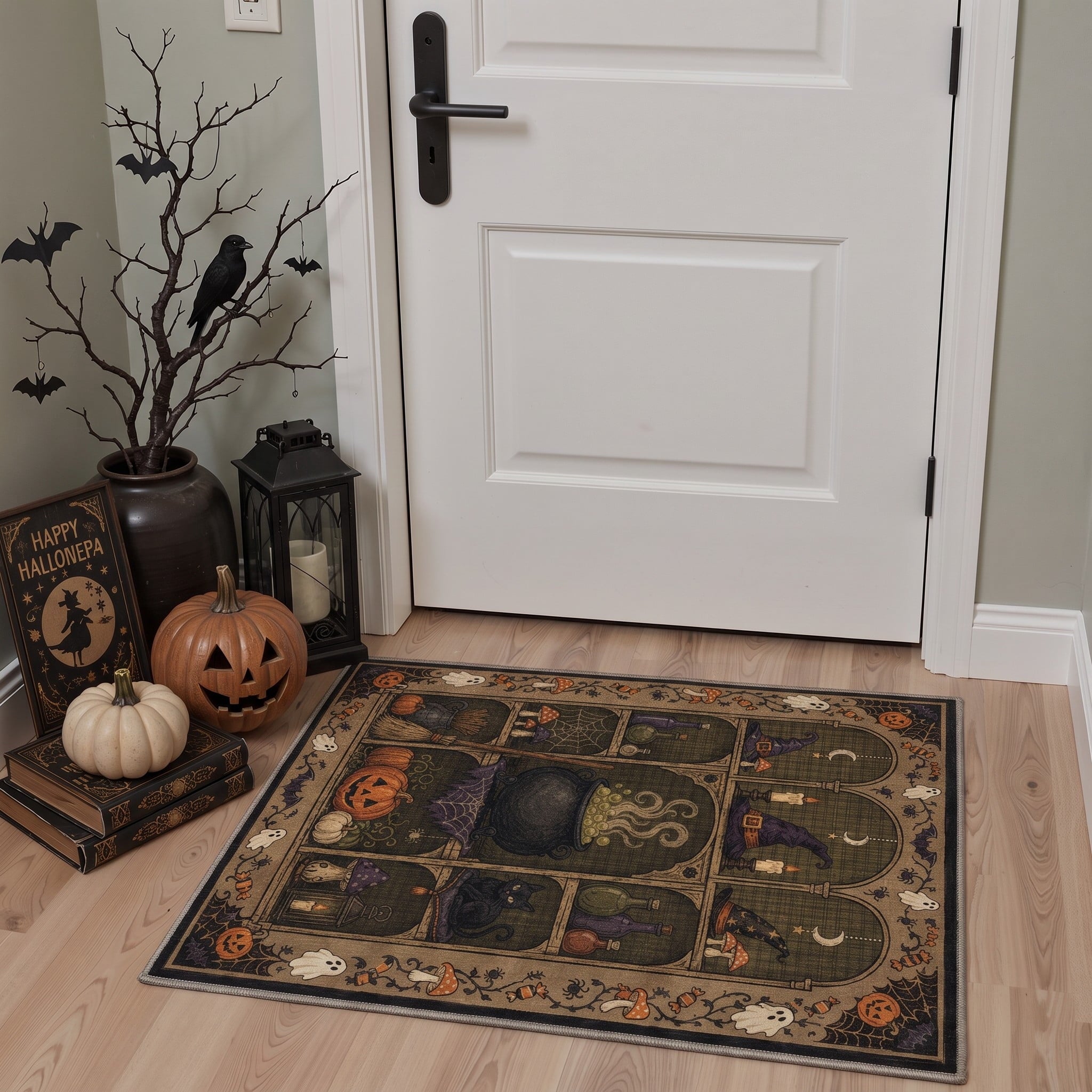 GENIMO 2'x3' Halloween Doormat, Washable Non Slip Soft Whimsical Cat Outdoor Door Mat for Front Door Covered Porch Patio Entryway, Rustic Black