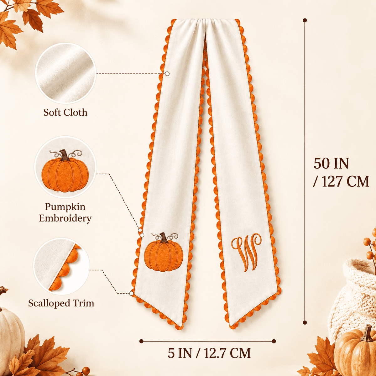 Pumpkin Embroidered Wreath Sash, 50 x 5 inch Orange Scalloped Lettered Ribbon for Halloween, Thanksgiving, Front Door, Seasonal Garland and Fall Home Decor, W