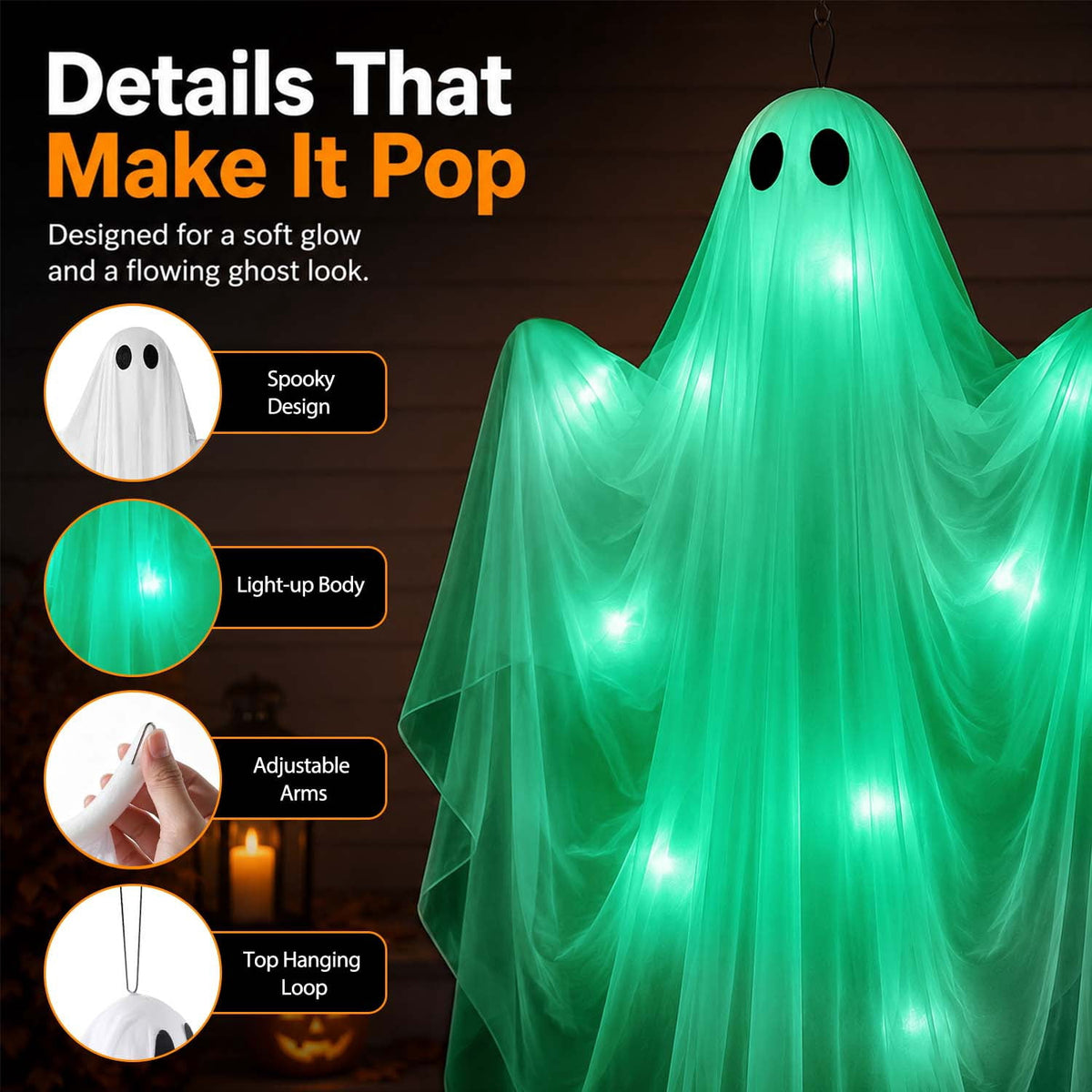 Ayieyill Halloween Ghost Decor with Warm White LED Light, 47” Light up Hanging Ghost Halloween Yard Porch Decorations Outdoor