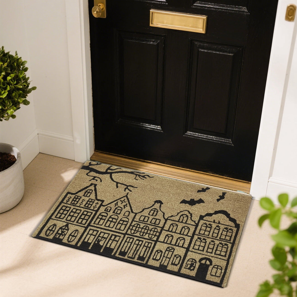 QLUEWX Halloween Haunted House Bat Coir Door Mat, 30×18" Non-Slip Natural Coconut Fiber Welcome Mat, Spooky Outdoor Entryway Rug for Front Porch Patio Decor Gifts for All Ages