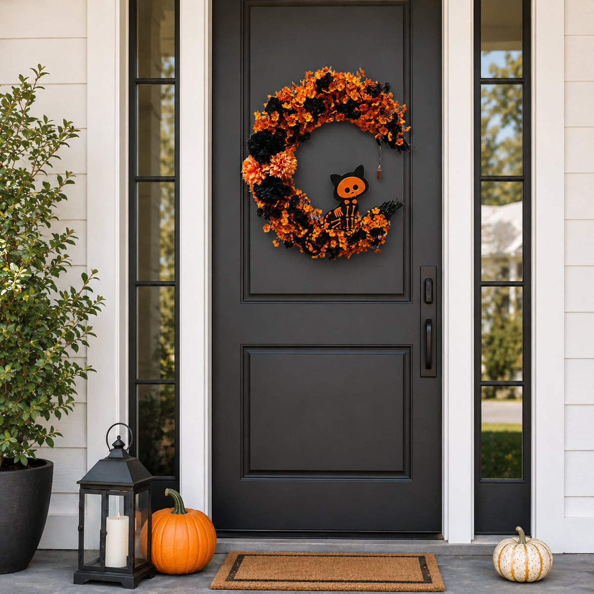 15.7" Artificial Halloween Skeleton Cat Moon Wreath, Orange Black Floral Crescent Decor for Front Door, Porch & Wall, Plastic & Fabric