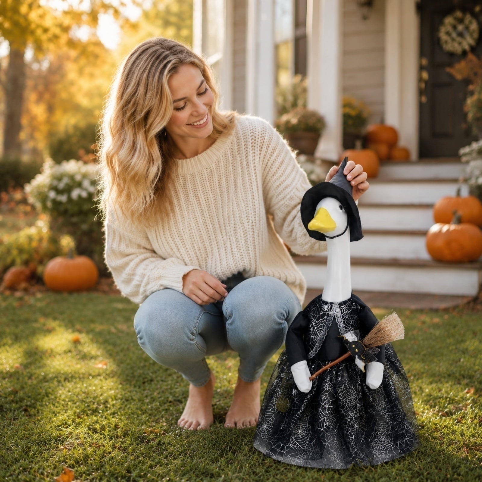 Outdoor Holiday Yard Decor, 23 Inch Porch Goose Outfits, Halloween Pumpkin Themed Porch Goose Clothes, Porch Goose Set with Hat and Treat Bag, Fits Standard 23 Inch Large Porch