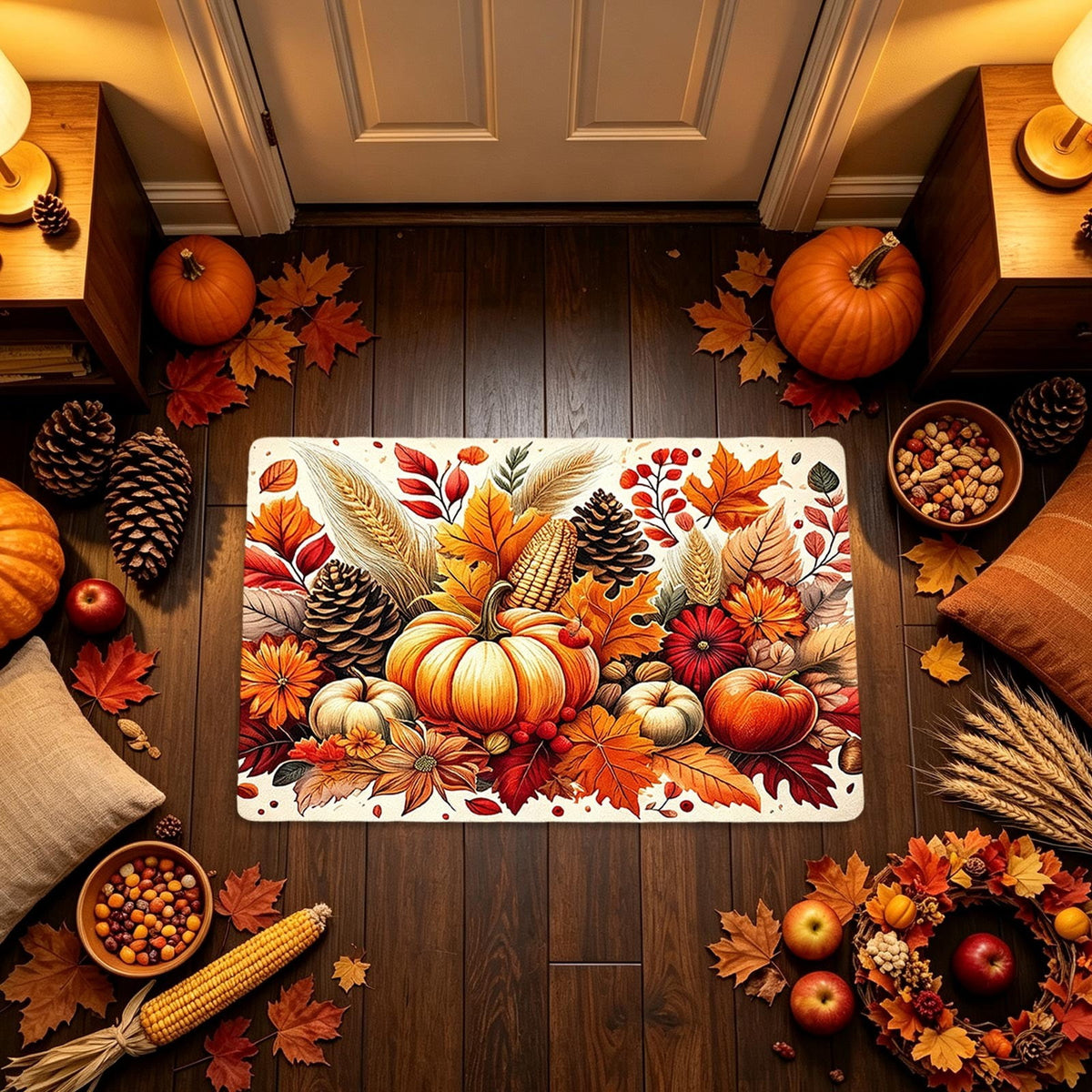 syligr Halloween Thanksgiving Doormat with Maple Leaf & Pumpkin Patterns - Non-Slip Floor Mat for Entryway, Kitchen, Porch, Fall Harvest Decor Rug with Anti-Fatigue Backing, Gift for Thanksgiving