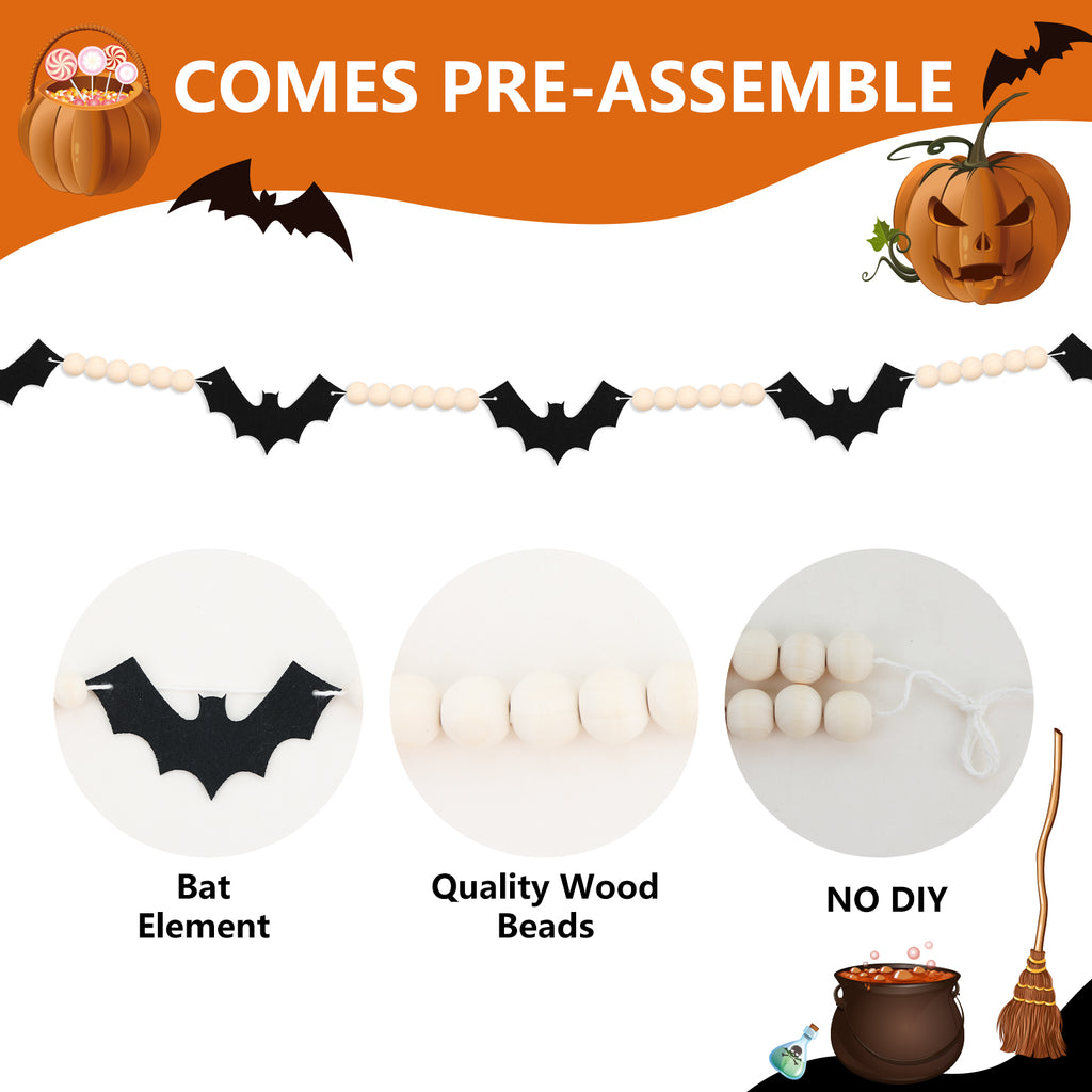 YIBAGA Halloween Garland Banner 4.67Ft Wool Felt Bats Bead Decoration Indoor Decor Party Supplies