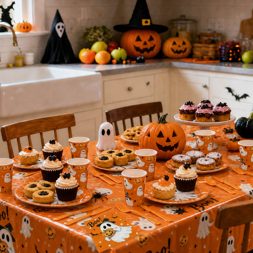 Wowhub Boo Ghost Pumpkin Halloween Tableware Set Serves 24, Halloween Plates and Napkins, Disposable Summerween Party Supplies with Cups, Cutlery & Tablecloth for Halloween Birthday Decorations