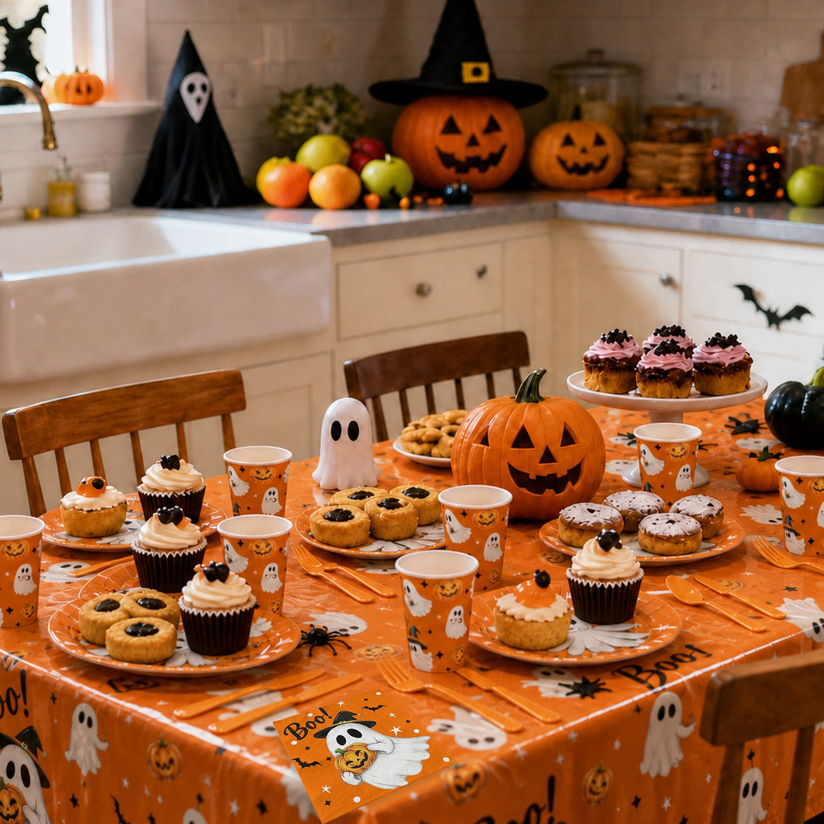 Wowhub Boo Ghost Pumpkin Halloween Tableware Set Serves 24, Halloween Plates and Napkins, Disposable Summerween Party Supplies with Cups, Cutlery & Tablecloth for Halloween Birthday Decorations
