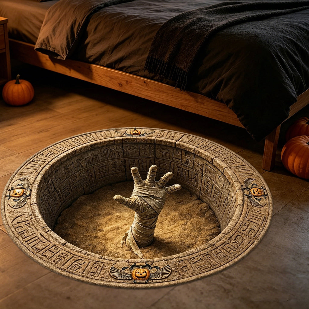 3D Optical Illusion Halloween Round Doormat,Vortex Tunnel Optical Illusion Printing Design,Giant Furry Red-Eyed Black Spider and White Spider Web,24"