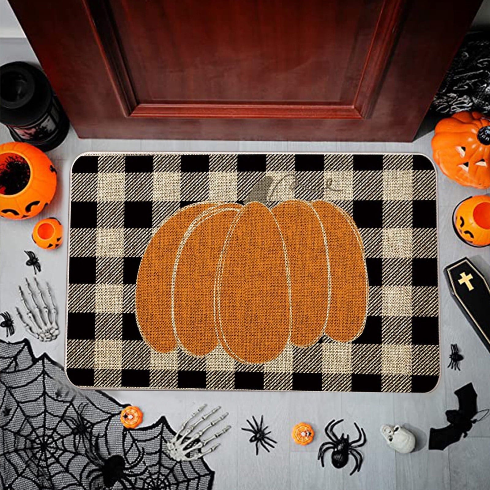 YIMWNYI Halloween-Themed Pumpkin Door Mat, Spooky Entryway Rug, Trick-or-Treat Decor, Non-Slip Wiper, festive Halloween decoration, indoor/outdoor welcome mat
