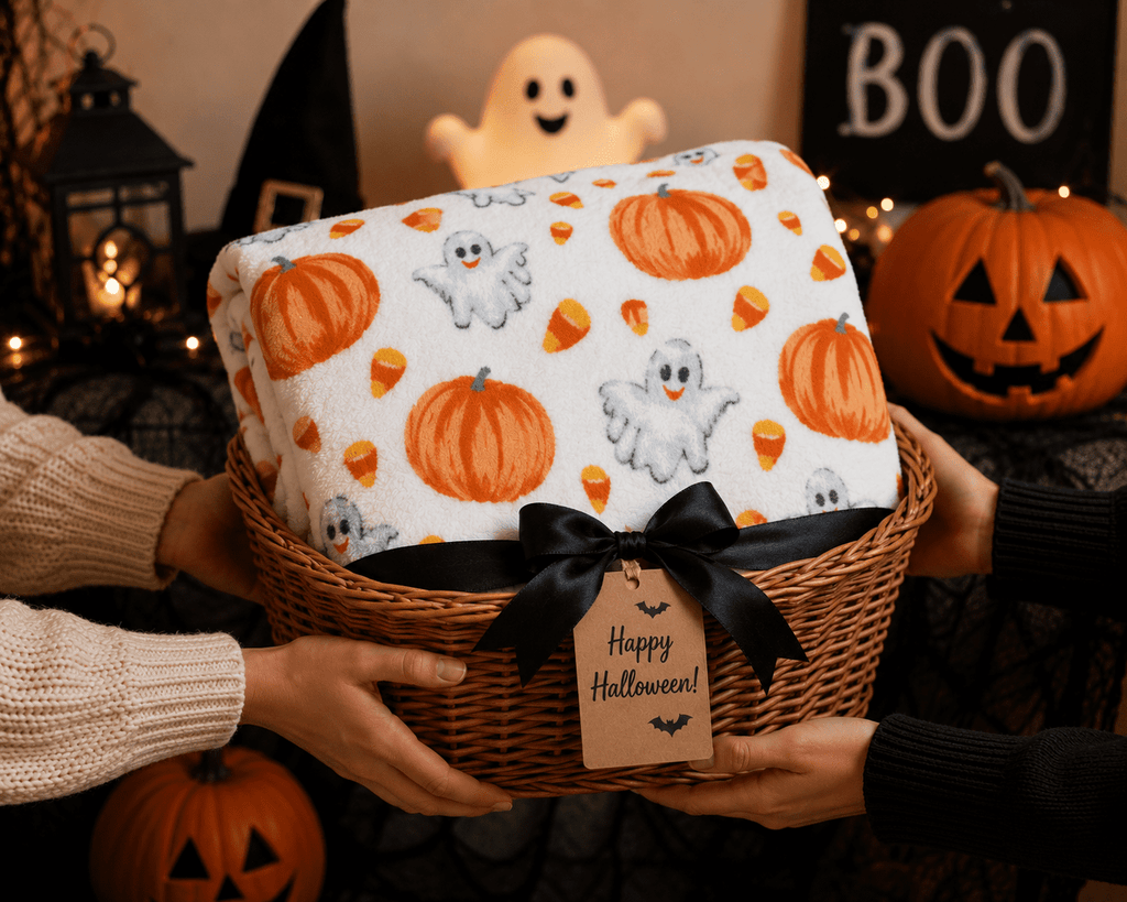 Serafina Home Halloween Throw Blanket: Fuzzy Boo! Jack O'Lantern Spider Webs Skull and Black Cats Print on Velvet Fleece for Sofa Bed Couch Chair Dorm