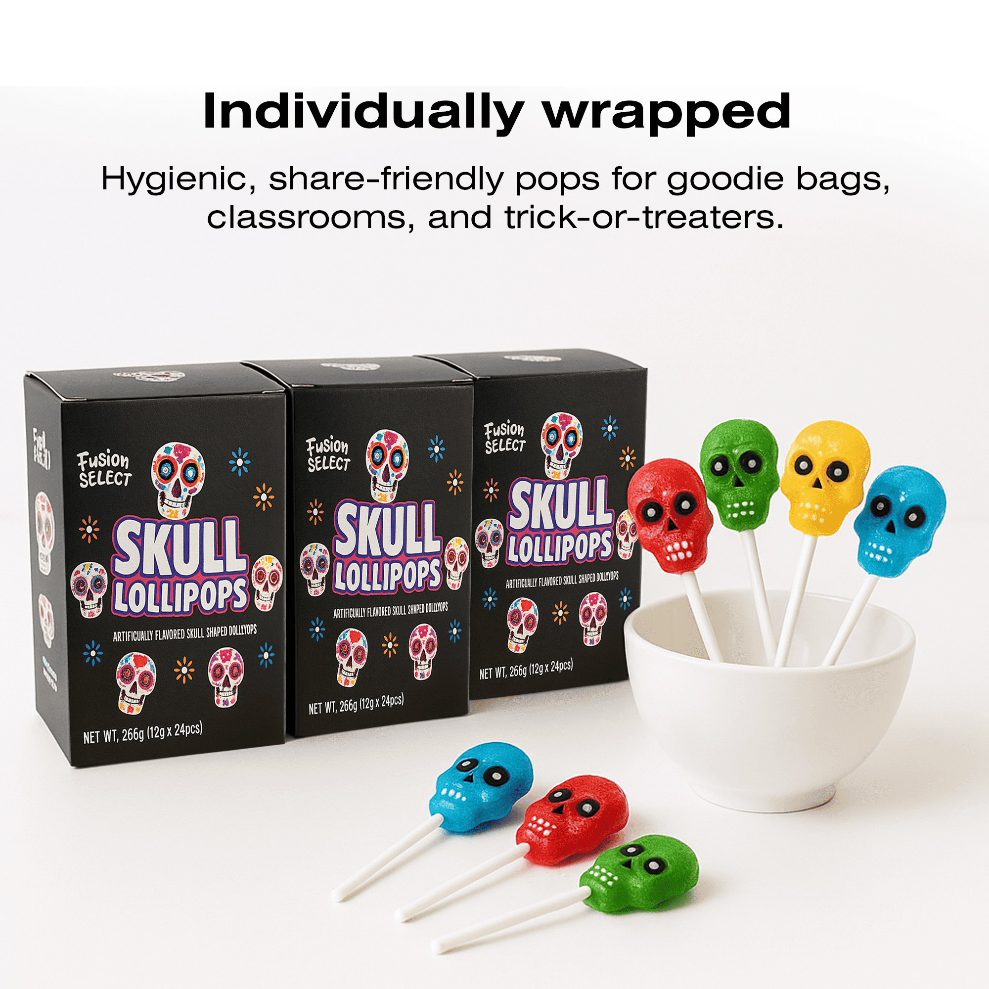 Fusion Select Halloween Candy Lollipops - Trick or Treat Candies for Kids - Frankenstein's Monster, Jack o Lantern, Ghost & Witch Hat Halloween Sweets - Individually Wrapped - 30 Treats Per Box