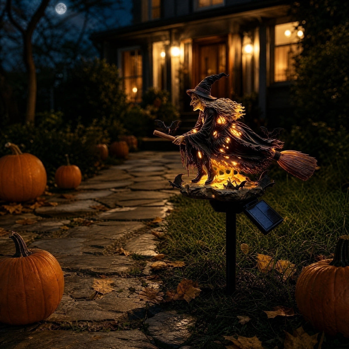 Halloween Witch Cauldron Garden Light, Solar Powered Halloween Projector Outdoor Decoration with Flying Witch and Lighted Cauldron, Witch Light Stake for Lawn Garden Porch Yard Decor, Style D