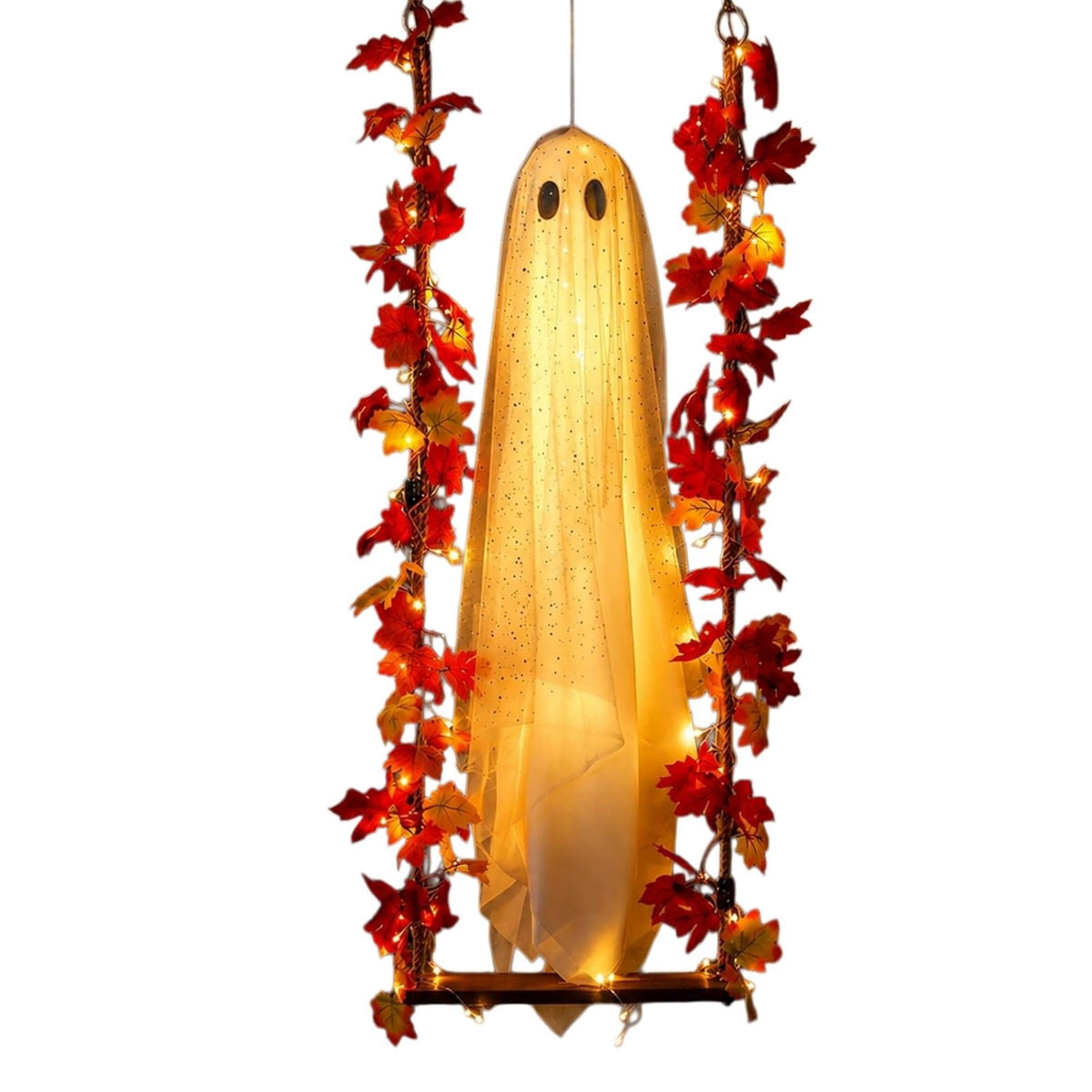 Clearance 5 FT Hanging Ghost Decor,Early Halloween Decorations Light-Up Flying Ghost on Broomstick with Witch Hat, Witch Broom, Spooky Cute Outdoor Halloween Decorations for Front Porch Yard Tree