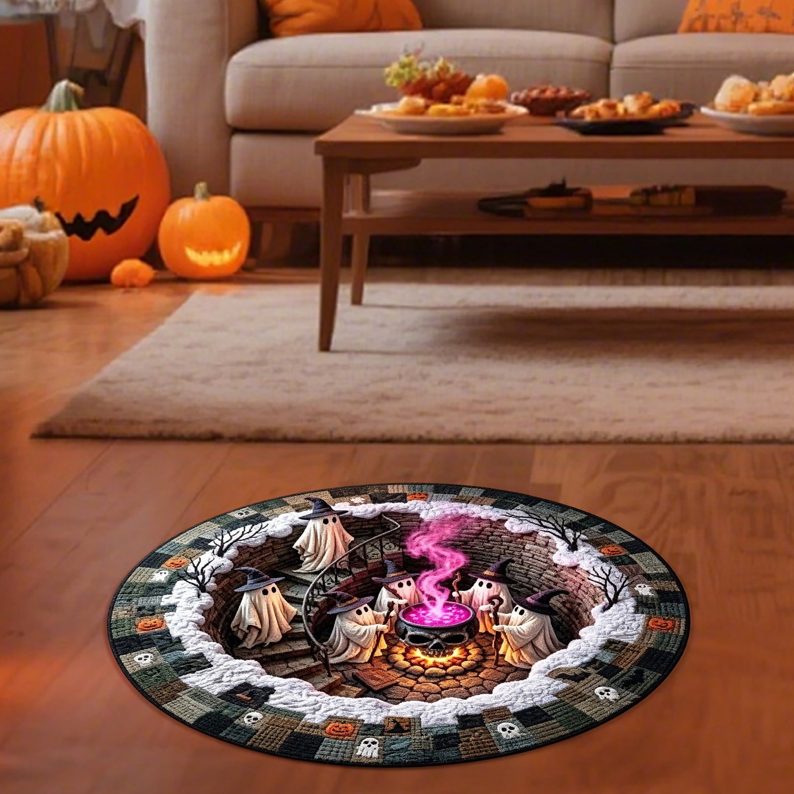 Sulaicai 3D Optical Illusion Halloween Round Rug, Spooky Ghost Pumpkin Print Absorbent Doormat, Non Slip Washable Floor Mat for Indoor Entryway Living Room Halloween Home Decor, 15.7 Inch