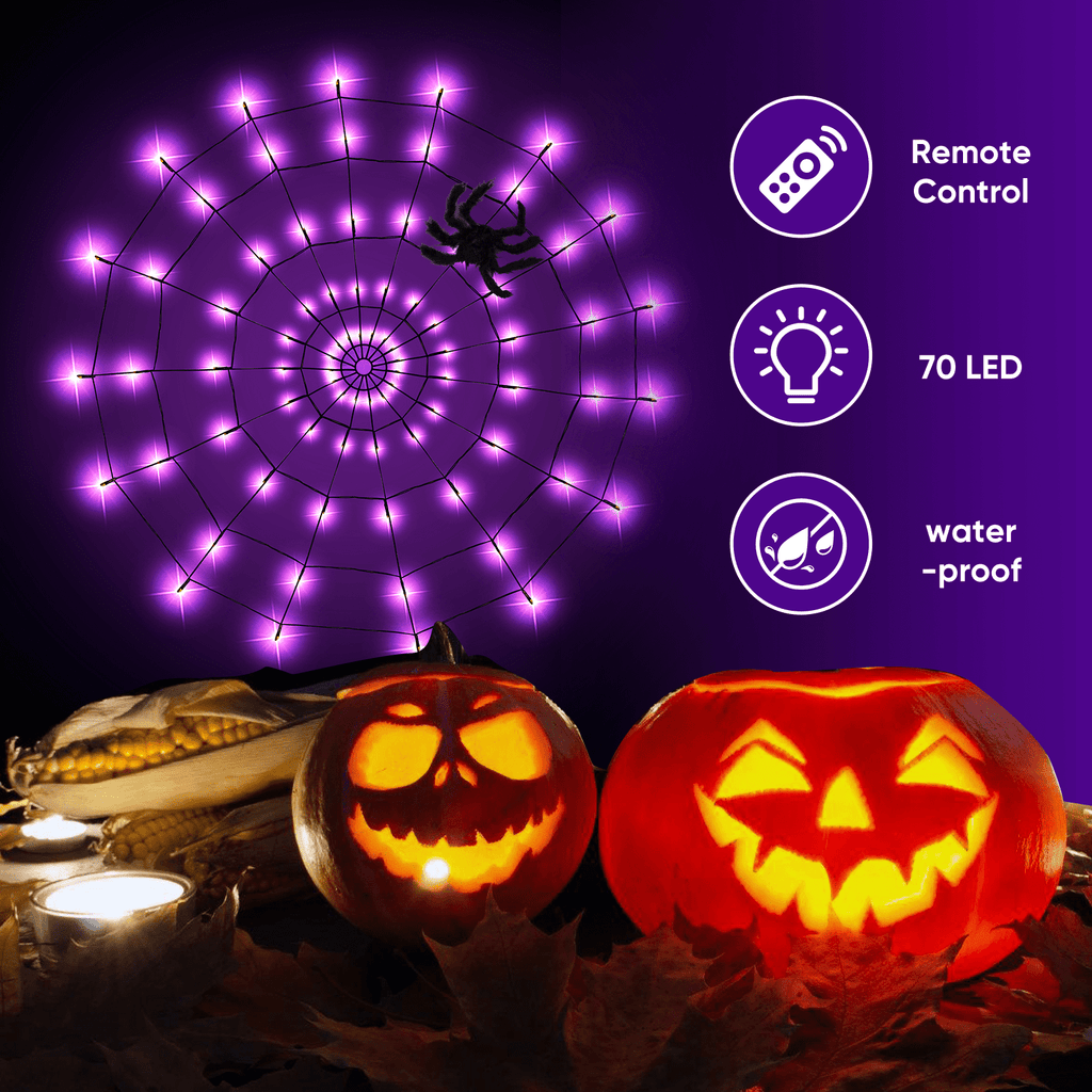 16.4Ft Large Spider Webs Halloween Decorations Lights, Outdoor Battery Operated Purple Halloween String Lights with 8 Modes Remote Control 125 LEDs Spiderweb,60" Large Spider,Waterproof (Purple)