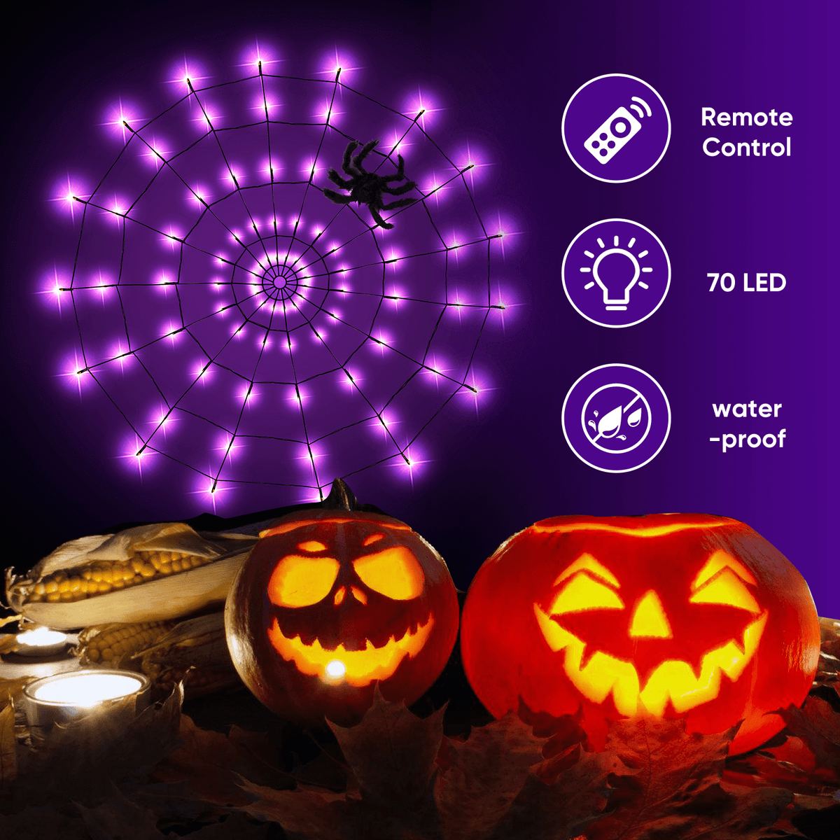 Halloween Decorations Spider Web Lights,4FT Diameter 70 LED with Black Spider, Waterproof Net Lights, Remote Control, 8 Modes Cobweb Halloween Decorations for House Garden Indoor Outdoor (Purple)
