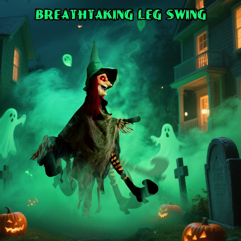 PRESENCE Halloween LED Light-Up Flying Witch on Broomstick, Realistic Sound & Motion, Scary Animated Decoration with Kicking Legs for Yard, Party, Haunted House Green
