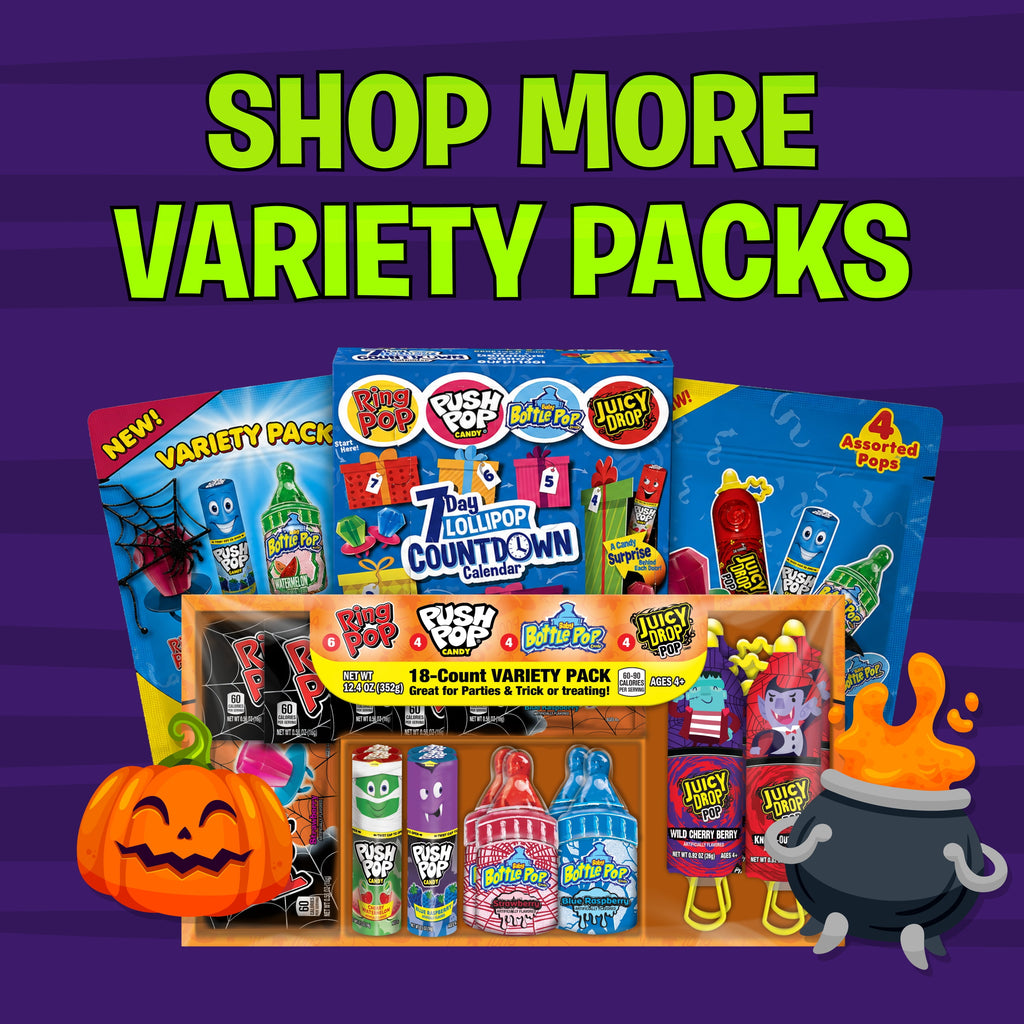 Halloween Ring Pops, Juicy Drop, Baby Bottle, Push, Assorted Flavor Lollipops, Variety Pack, 12.4 oz, 18 Count Box