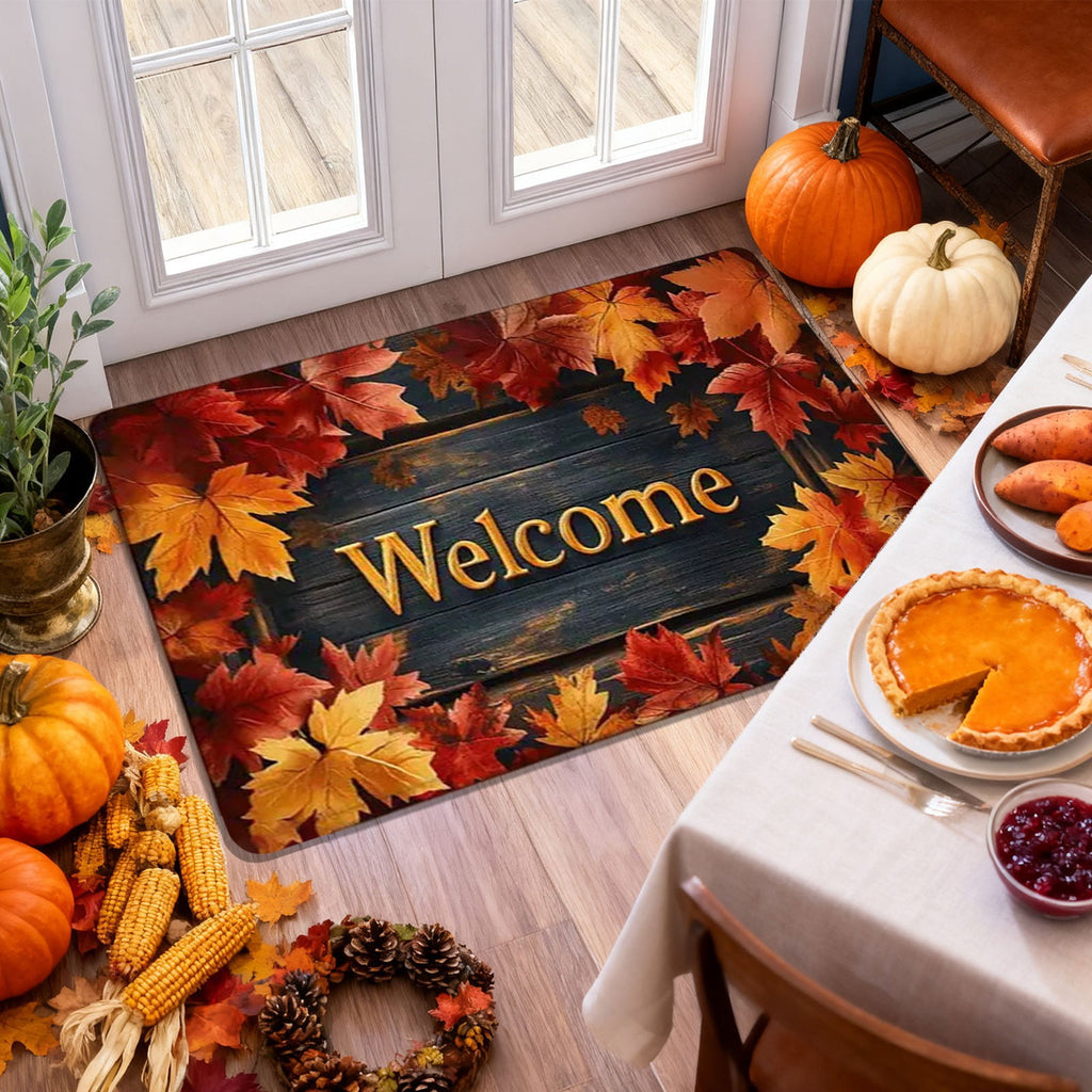 syligr Halloween Thanksgiving Doormat with Maple Leaf & Pumpkin Patterns - Non-Slip Floor Mat for Entryway, Kitchen, Porch, Fall Harvest Decor Rug with Anti-Fatigue Backing, Gift for Thanksgiving