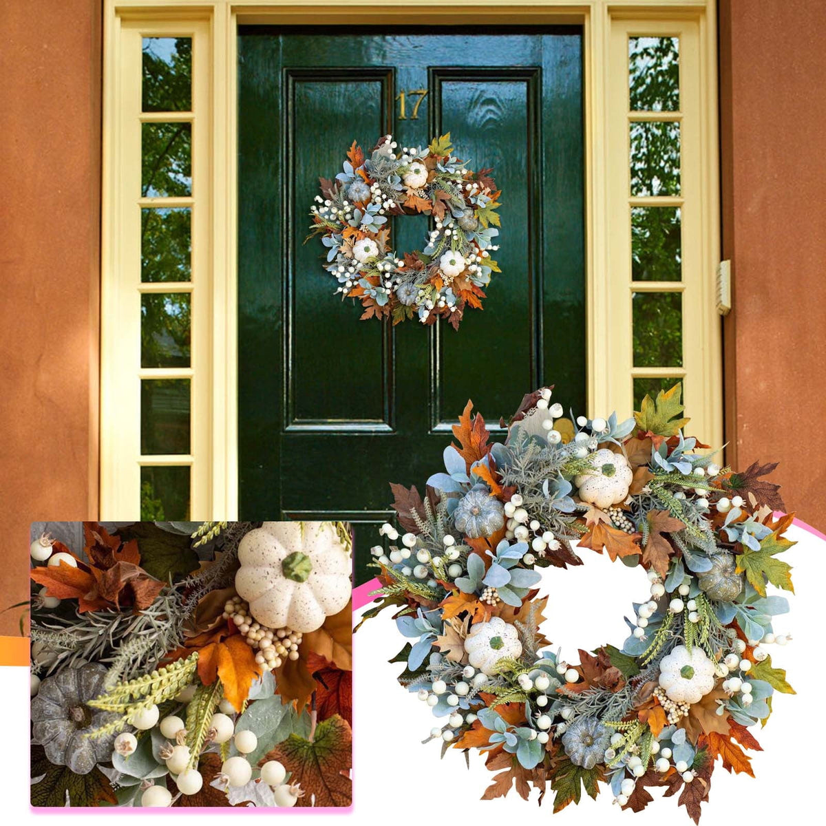 Btomtd Diameter 8" Pumpkin Skull Wreath Halloween Decor Acrylic Round Disk Hanging Ornament with Garland for Front Door Window, A